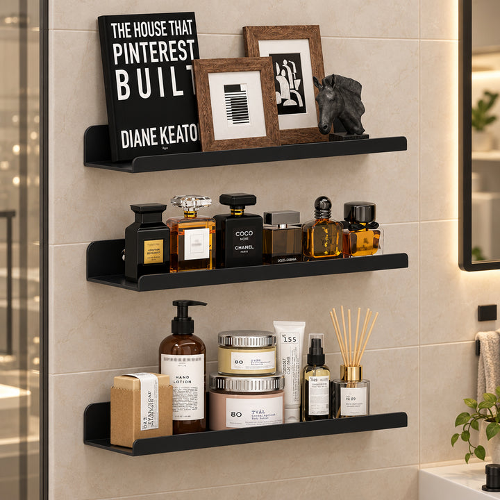 15-Inch Floating Wall Shelves, Pack of 3 — Black