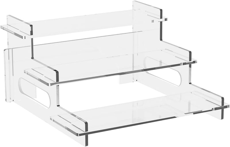 Duveesha Clear Acrylic Display Risers 3 Tier Shelf Stand – Transparent Organizer for Cupcakes Perfumes Figures Collectibles Desserts Retail Displays Vanity Countertops and Party Decorations Small