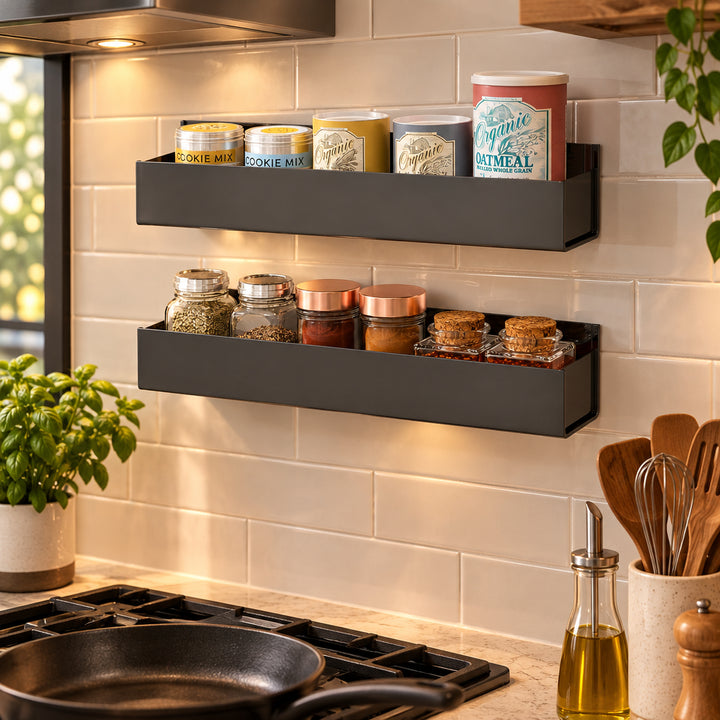 Acrylic Spice Rack for Wall & Cabinet Door, No-Drill Adhesive or Screw Mount, Pack of 2 — Black