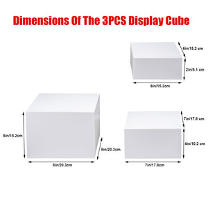 Clisela 3pcs Acrylic Cube Display Stands Box Risers White 6" 7" 8"