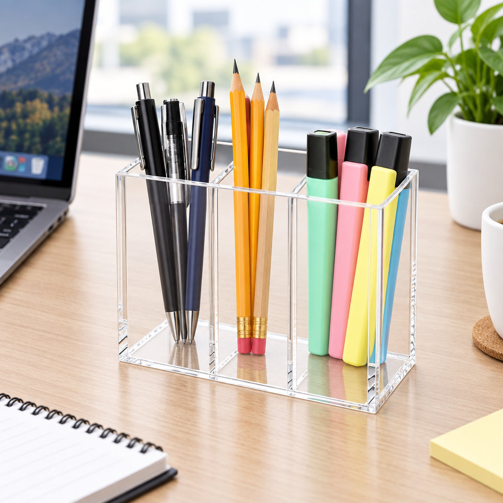Clear Acrylic Pen Holder, 2 Compartments — PENCIL-HOLDER-D7