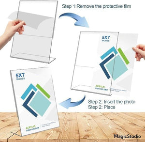 Duveesha Acrylic Sign Holder 7 x 5 Table Display Stand – Clear Plastic Paper Sign Frame for Flyer, Menu, Document – Free Standing Desk Photo Holder for Office, Home, Store, School, Pack of 6