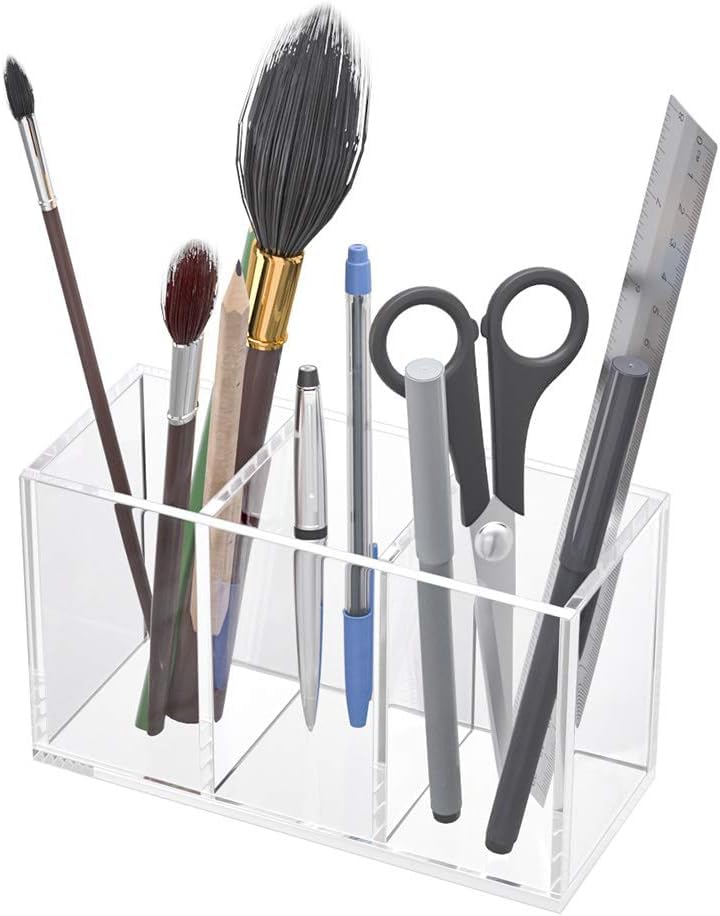 Clear Acrylic Pen Holder, 3 Equal Compartments — PENCIL-HOLDER-D4 – view 6