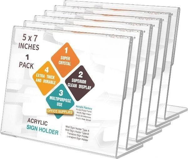 Clear Acrylic Sign Holders, 7 × 5 in Landscape L-Stand, Pack of 6 – view 2