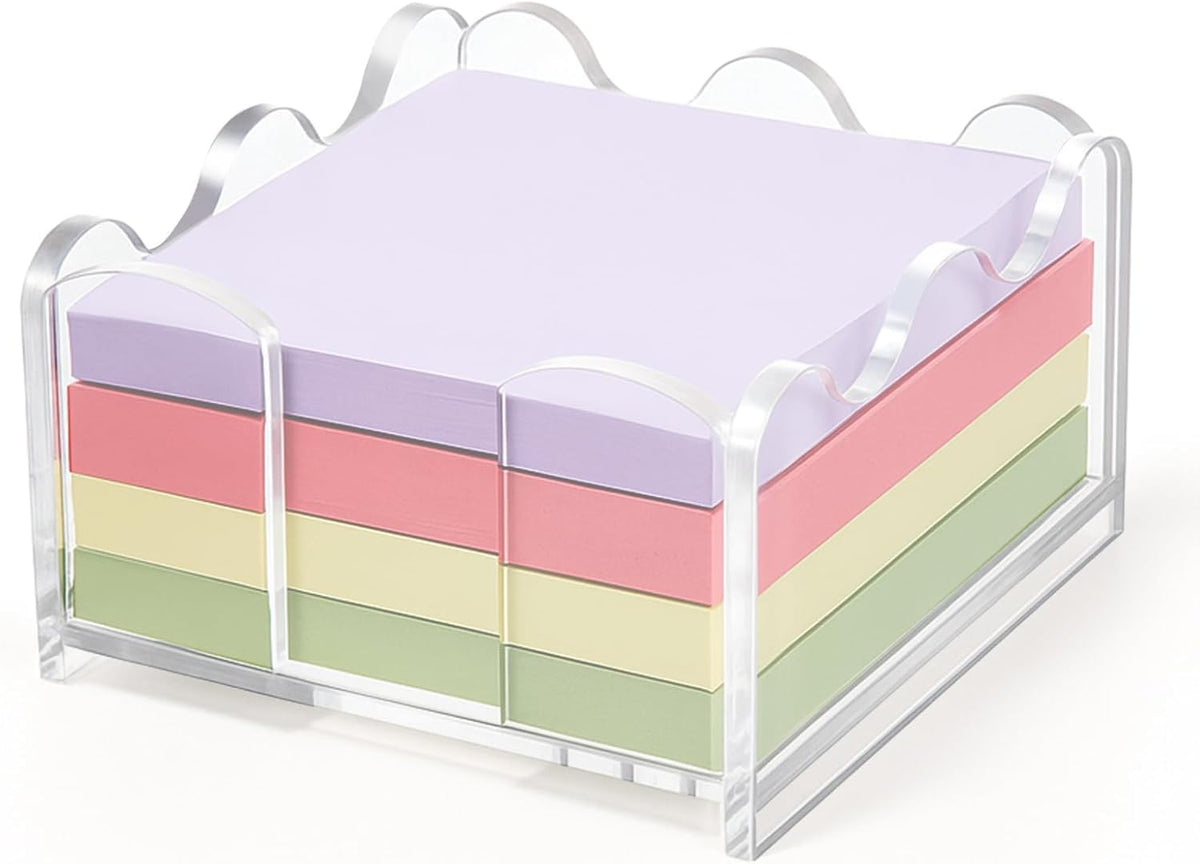 1PC Scalloped Acrylic Sticky Note Holder – 3x3 Inch Clear Wave-Edge Notepad Dispenser, Thick Durable Desk Organizer for Office, Home, Dorm & Classroom