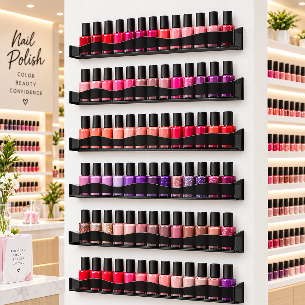 Black Acrylic Nail Polish Wall Shelves with End Inserts, 15 Inch, Pack of 6