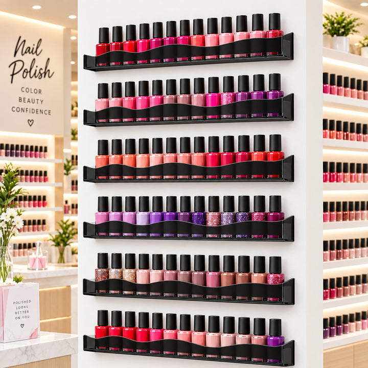 Black Acrylic Nail Polish Wall Shelves with End Inserts, 15 Inch, Pack of 6
