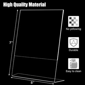 Duveesha Acrylic Sign Holder 7 x 5 Table Display Stand – Clear Plastic Paper Sign Frame for Flyer, Menu, Document – Free Standing Desk Photo Holder for Office, Home, Store, School, Pack of 6