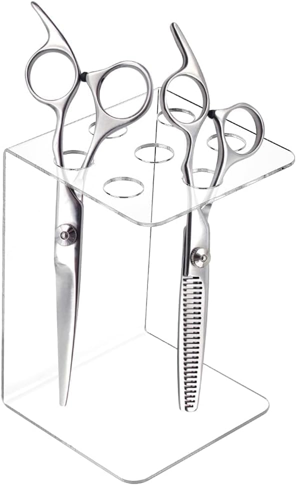 Duveesha Acrylic Table Top Scissor Holder Stand rack for Salon Barbers Tailors Makeup Desk & Craft Tools Multi Slot Hair Cutting Tool Organizer (Clear)