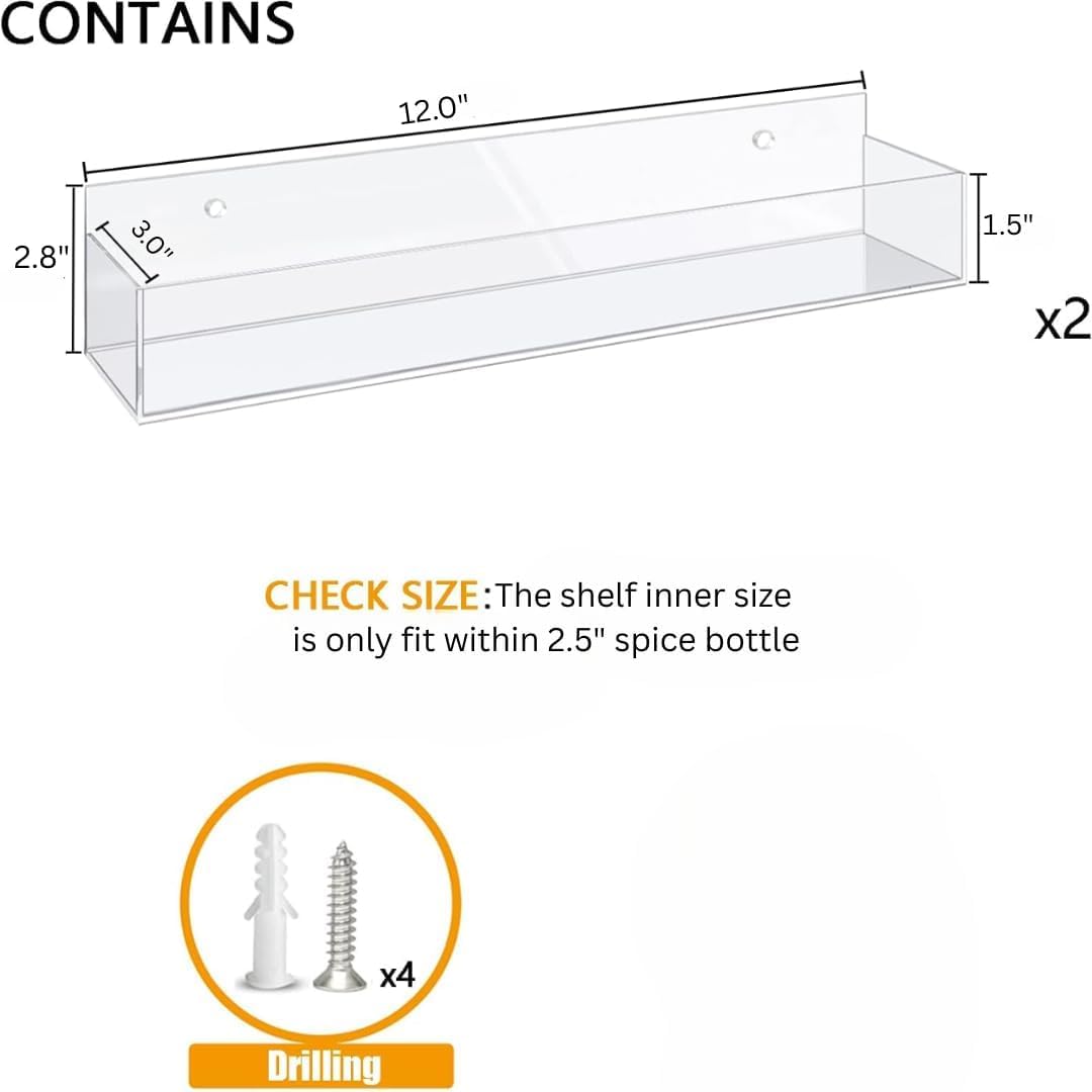 Acrylic Spice Rack for Wall & Cabinet Door, No-Drill Adhesive or Screw Mount, Pack of 2 — Clear – view 2
