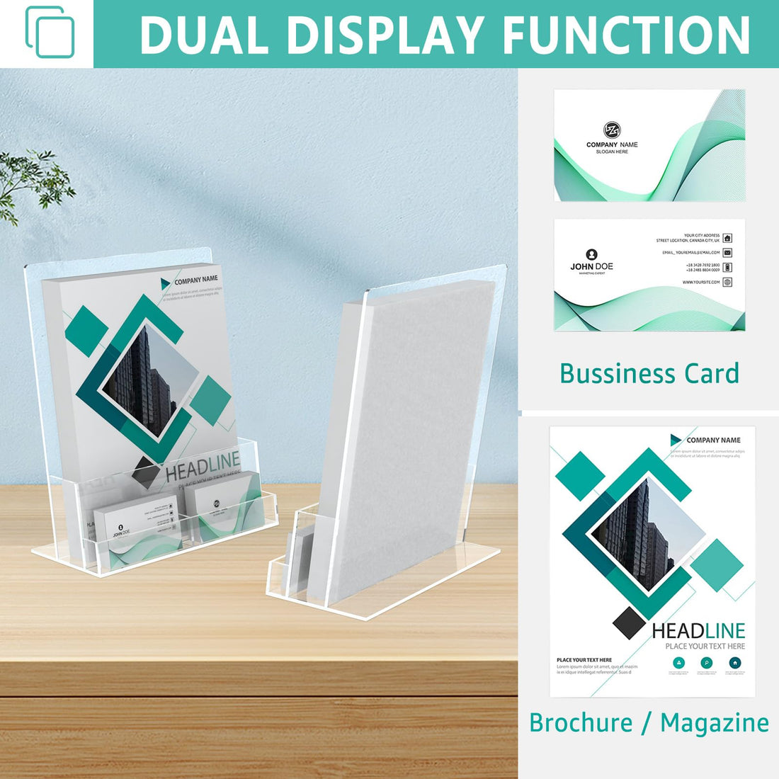 Clear Acrylic Brochure Holder 8.5 × 11 in with Card Slots
