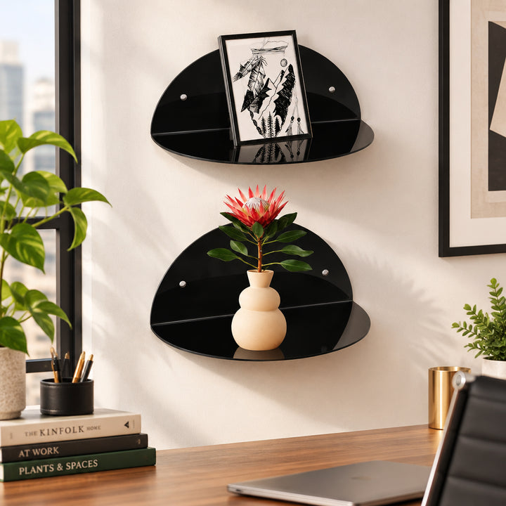 Black Acrylic Round Floating Wall Shelves, Pack of 2