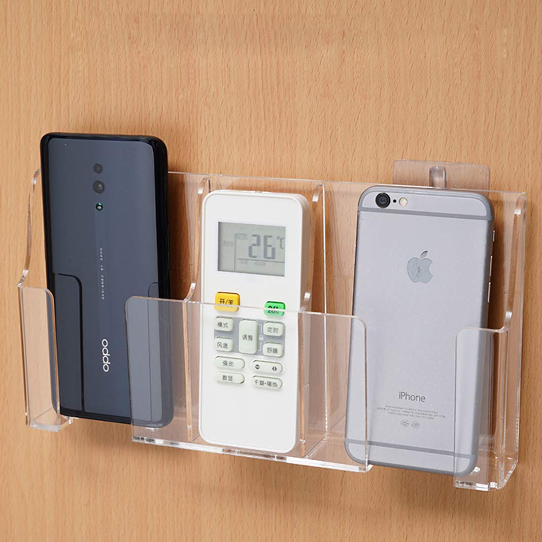 Clear Acrylic Wall-Mount Phone & Remote Holder, 3 Slots