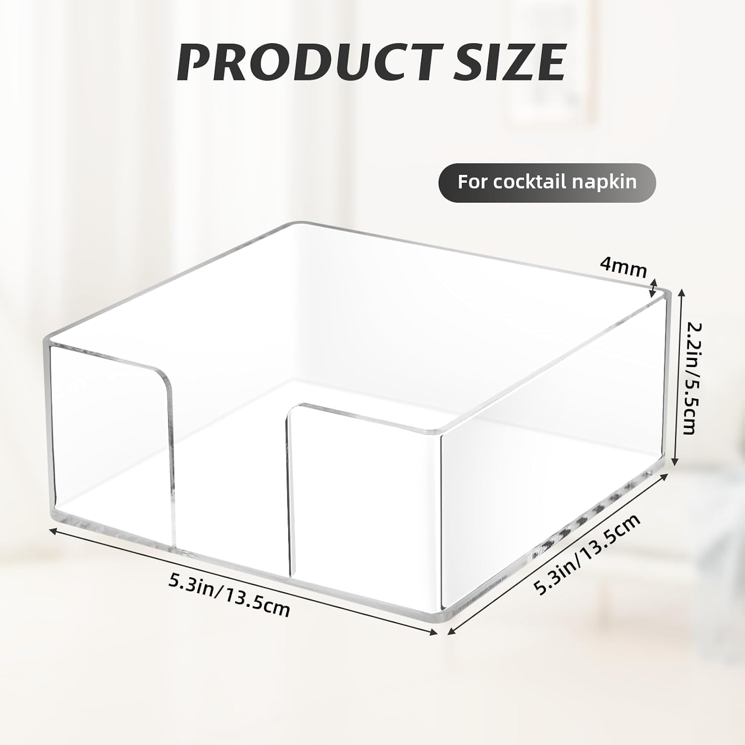 Acrylic Napkin Holder, Clear Square Cocktail Napkin Holder, Paper Lucite Tray with Side Opening, Flat Tissue Holder for Table Kitchen Bathroom Bar Dinner Party Decor,Perfect for 5 x 5 inches Napkins