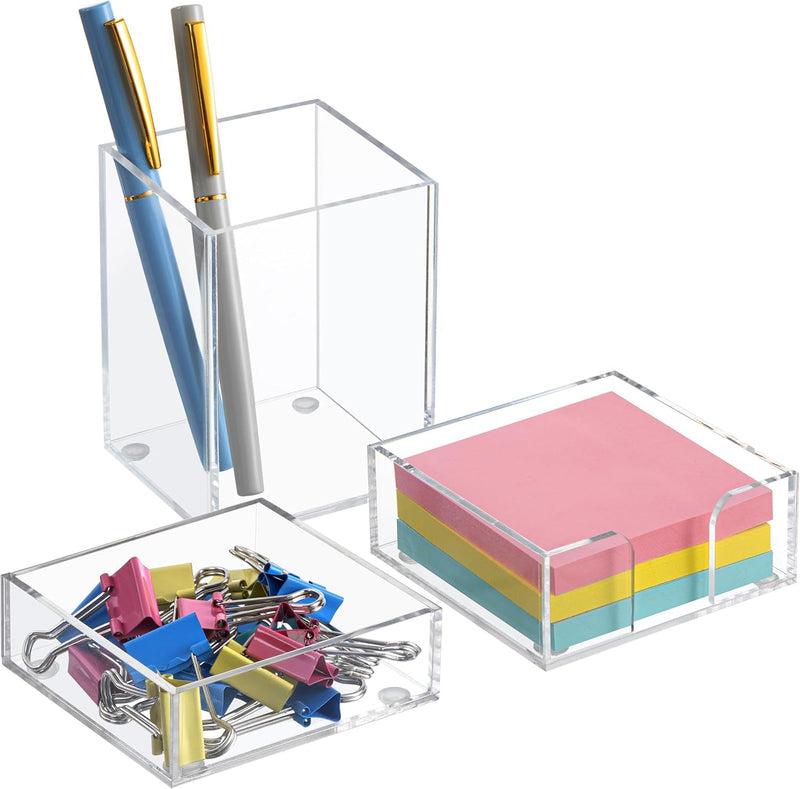 Duveesha Office Desk Organizer Set of 3 with Pen Pencil Holder, Paperclip Storage and Sticky Note Holder, Clear Acrylic Desktop Accessories and Workspace Organizers for Women or Men