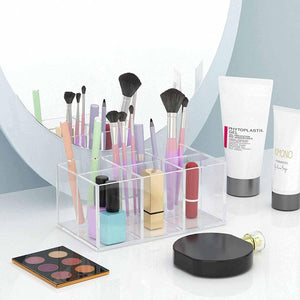 Duveesha Makeup Brush Holder Organizer 6 Slot Black Acrylic Cosmetic Storage for Brushes Sponges Lipsticks Beauty Supplies Compact Organizer for Desk or Vanity Durable and Sleek Makeup Holder (Clear)