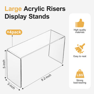 Duveesha 4 Pcs (9.2 x 3 x 5 inches) Acrylic Risers Display Stands, Display Stands for Collectibles, Clear Acrylic Shelf for Show Decor Display, Toys, Cupcake