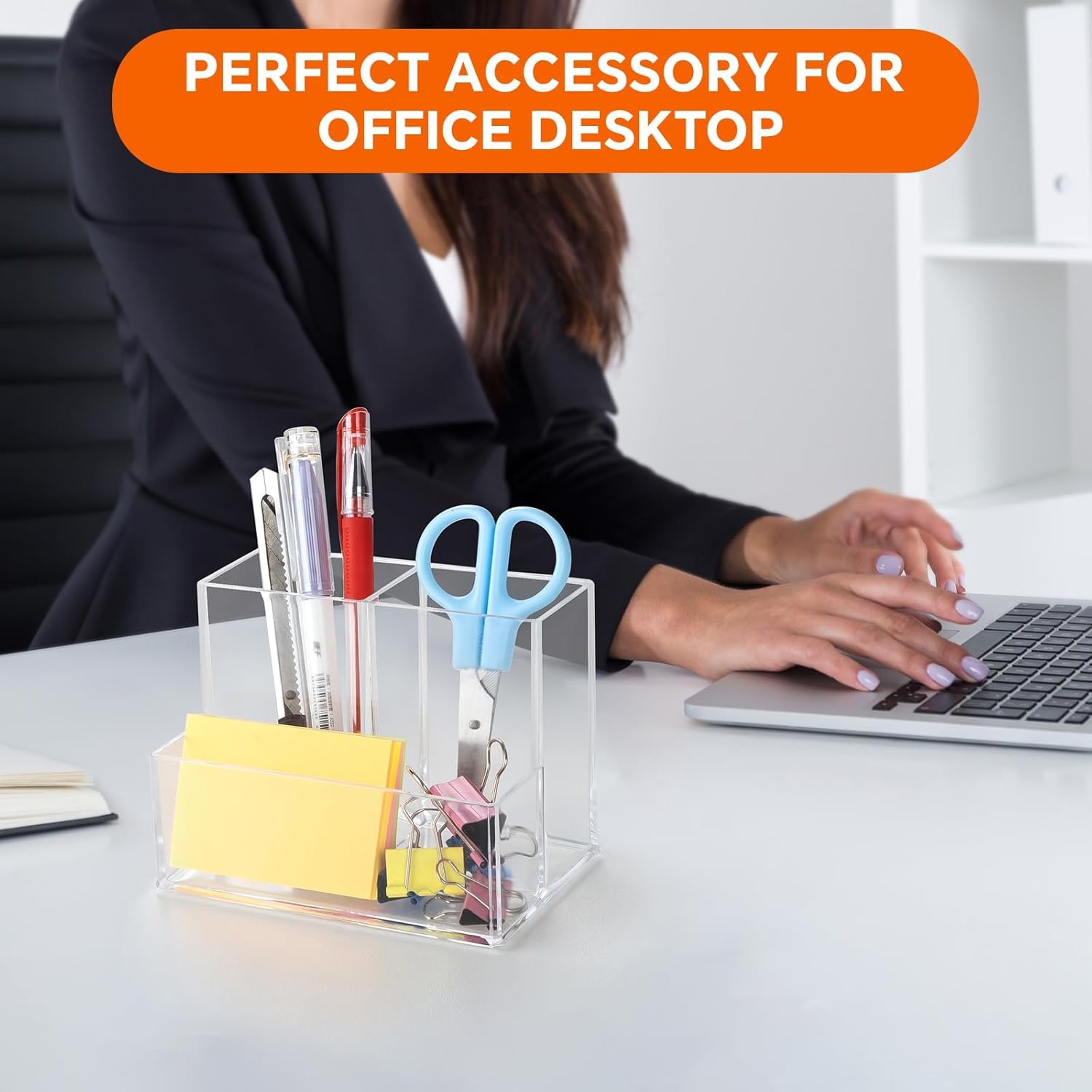 Clear Acrylic Pen Holder, 3 Compartments (2+1 Design) — PENCIL-HOLDER-D1 – view 3