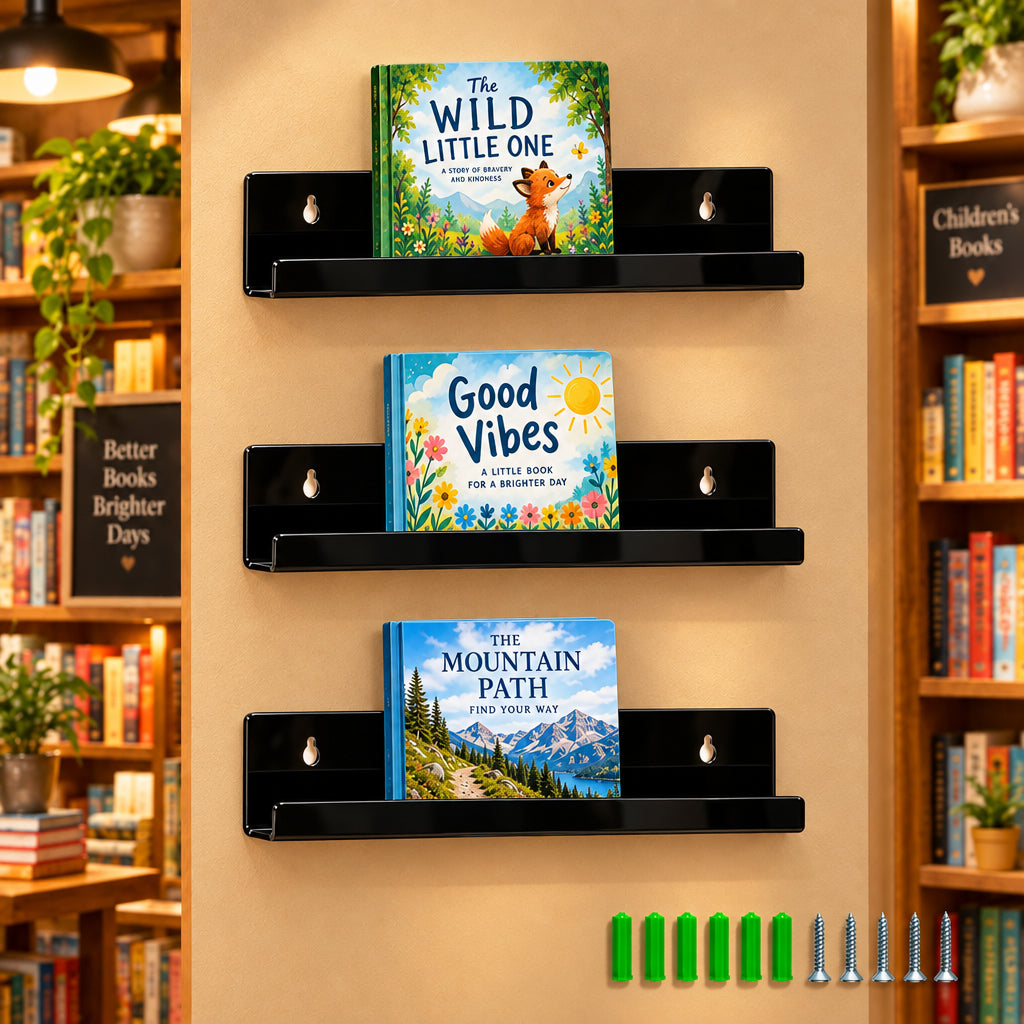 12-Inch Black Acrylic Record & Book Display Wall Shelves, Pack of 3