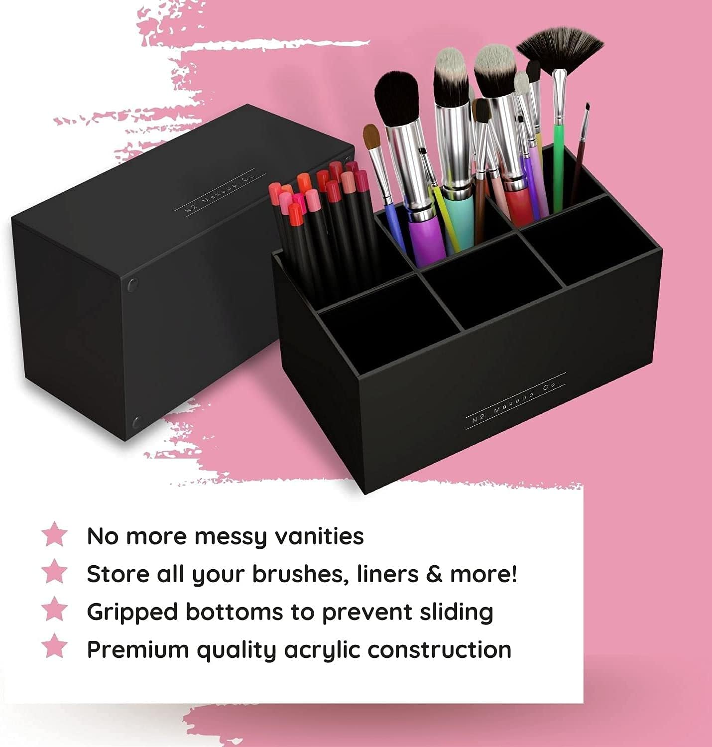 Acrylic Makeup Brush Holder, 6 Slots — Clear — Black – view 3