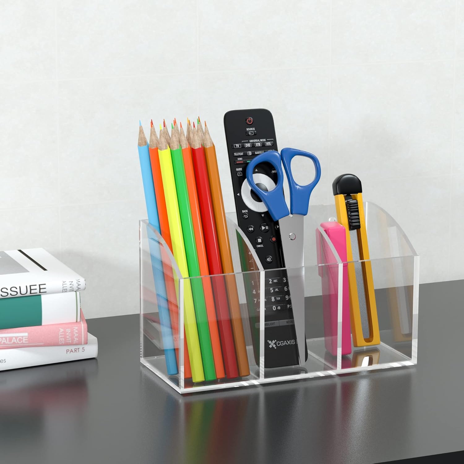 Clear Acrylic Wall-Mount Pen & Remote Holder, 3 Compartments — PENCIL-HOLDER-D3 – view 3