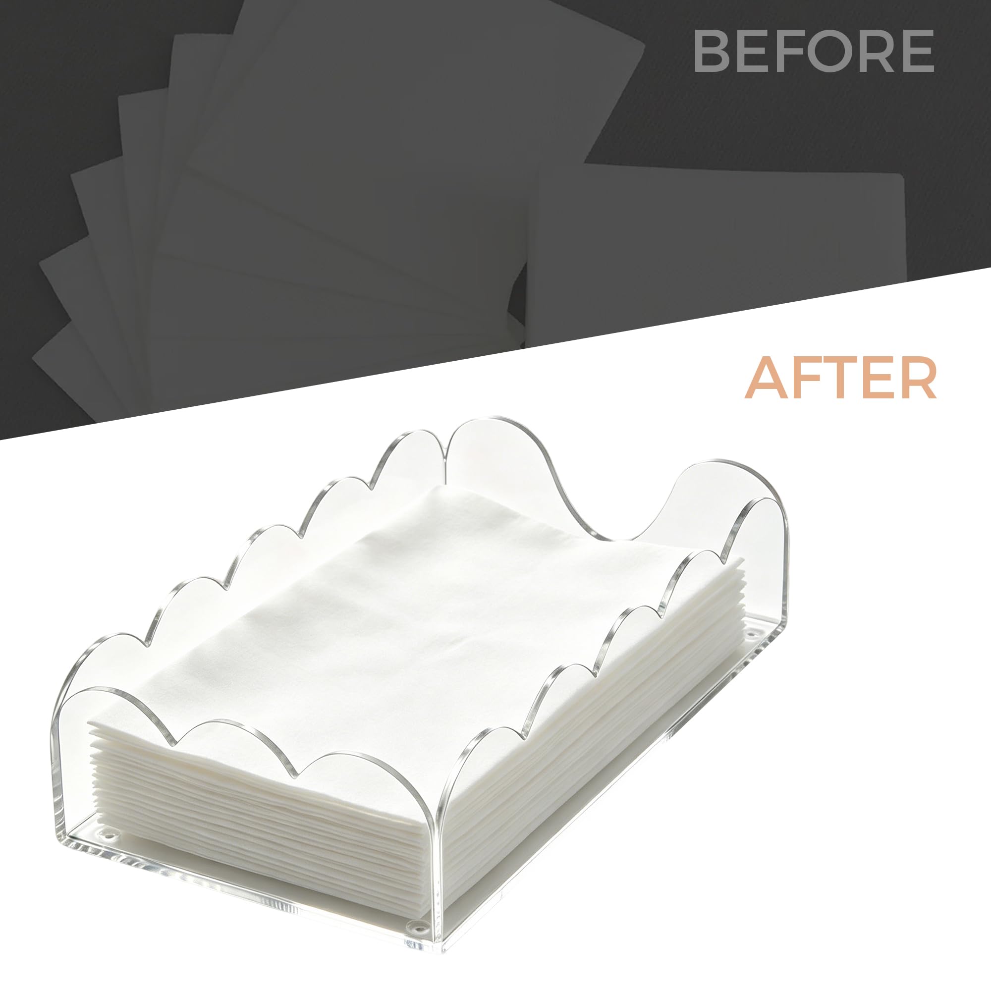 AIMOLLY Clear Acrylic Napkin Holder - Scalloped Guest Towel Holder for Bathroom & Kitchen - Stylish Paper Napkin Tray with Non-Slip Pads for Weddings, Parties & Home Decor, 9x5.1x2.4 Inch