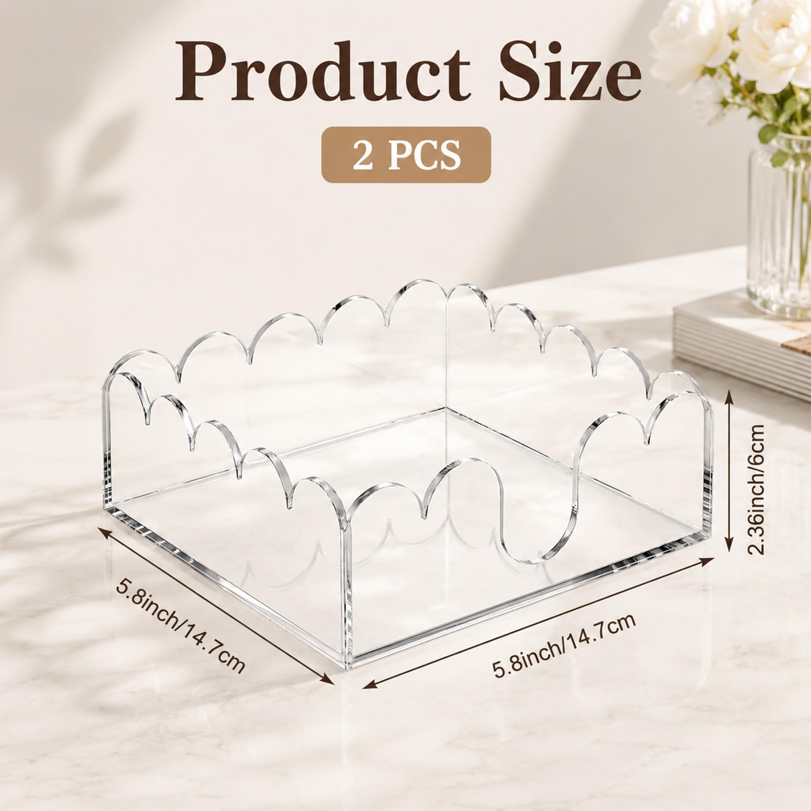 Acrylic Napkin Holder for Cocktails, Napkin Holder, Clear Scalloped Tray and Dispenser Organizes Flat Paper Towels and Disposable Napkins for Weddings, Hotels, Kitchen, Bathroom, Parties