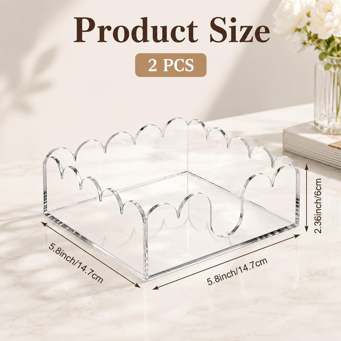 Acrylic Napkin Holder for Cocktails, Napkin Holder, Clear Scalloped Tray and Dispenser Organizes Flat Paper Towels and Disposable Napkins for Weddings, Hotels, Kitchen, Bathroom, Parties