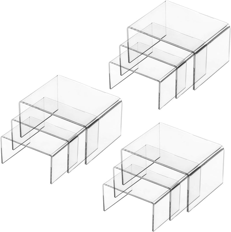 Duveesha Set of 9 Clear Acrylic Display Risers – All-in-One Multi-Size Stand for Shop & Home | 3-Tier Stackable Riser for Jewellery, Perfume, Figurines, Cosmetics, Cupcakes & Showpieces (3.82 x 4.69 x 5.79in)