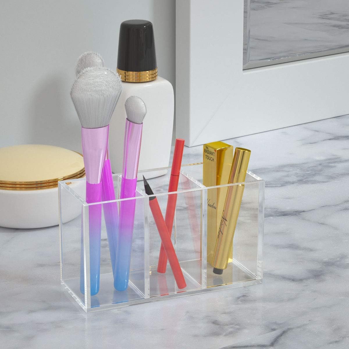 Clear Acrylic Pen Holder, 3 Equal Compartments — PENCIL-HOLDER-D4 – view 4