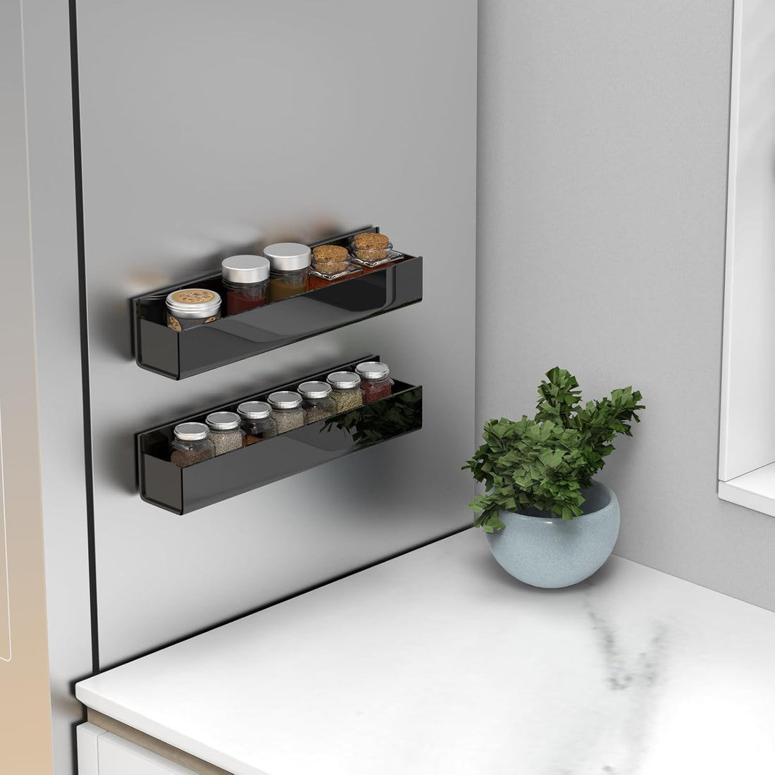 Acrylic Spice Rack for Wall & Cabinet Door, No-Drill Adhesive or Screw Mount, Pack of 2 — Black – view 5