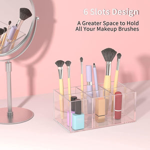 Duveesha Makeup Brush Holder Organizer 6 Slot Black Acrylic Cosmetic Storage for Brushes Sponges Lipsticks Beauty Supplies Compact Organizer for Desk or Vanity Durable and Sleek Makeup Holder (Clear)