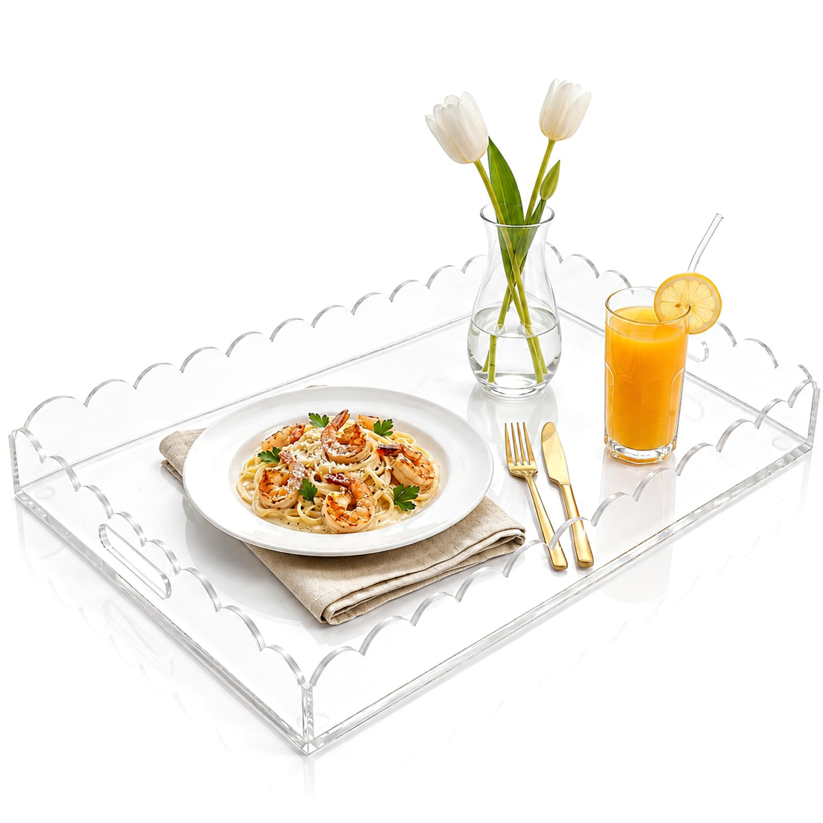 FUOAUYK Clear Acrylic Serving Tray with Handles, 17 x 12 Inch Scalloped Decorative Tray for Coffee Table & Ottoman, Perfume & Cosmetics Organizer for Bathroom Vanity & Kitchen, Ideal for Drink & Snack