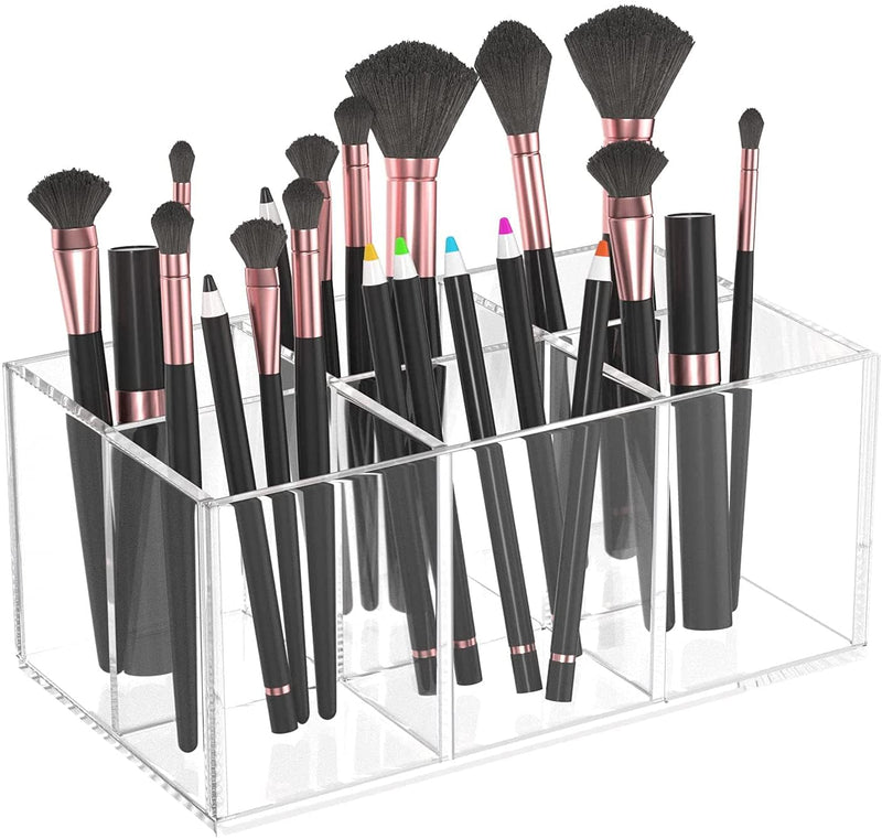 Duveesha Makeup Brush Holder Organizer 6 Slot Black Acrylic Cosmetic Storage for Brushes Sponges Lipsticks Beauty Supplies Compact Organizer for Desk or Vanity Durable and Sleek Makeup Holder (Clear)