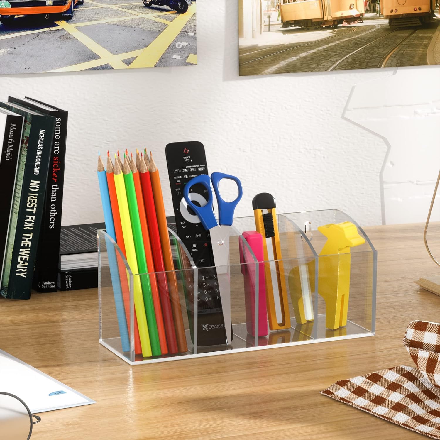 Clear Acrylic Wall-Mount Pen & Brush Organizer, 4 Compartments, No-Drill — PENCIL-HOLDER-D8 – view 5