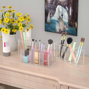 Duveesha Makeup Brush Holder Organizer 6 Slot Black Acrylic Cosmetic Storage for Brushes Sponges Lipsticks Beauty Supplies Compact Organizer for Desk or Vanity Durable and Sleek Makeup Holder (Clear)