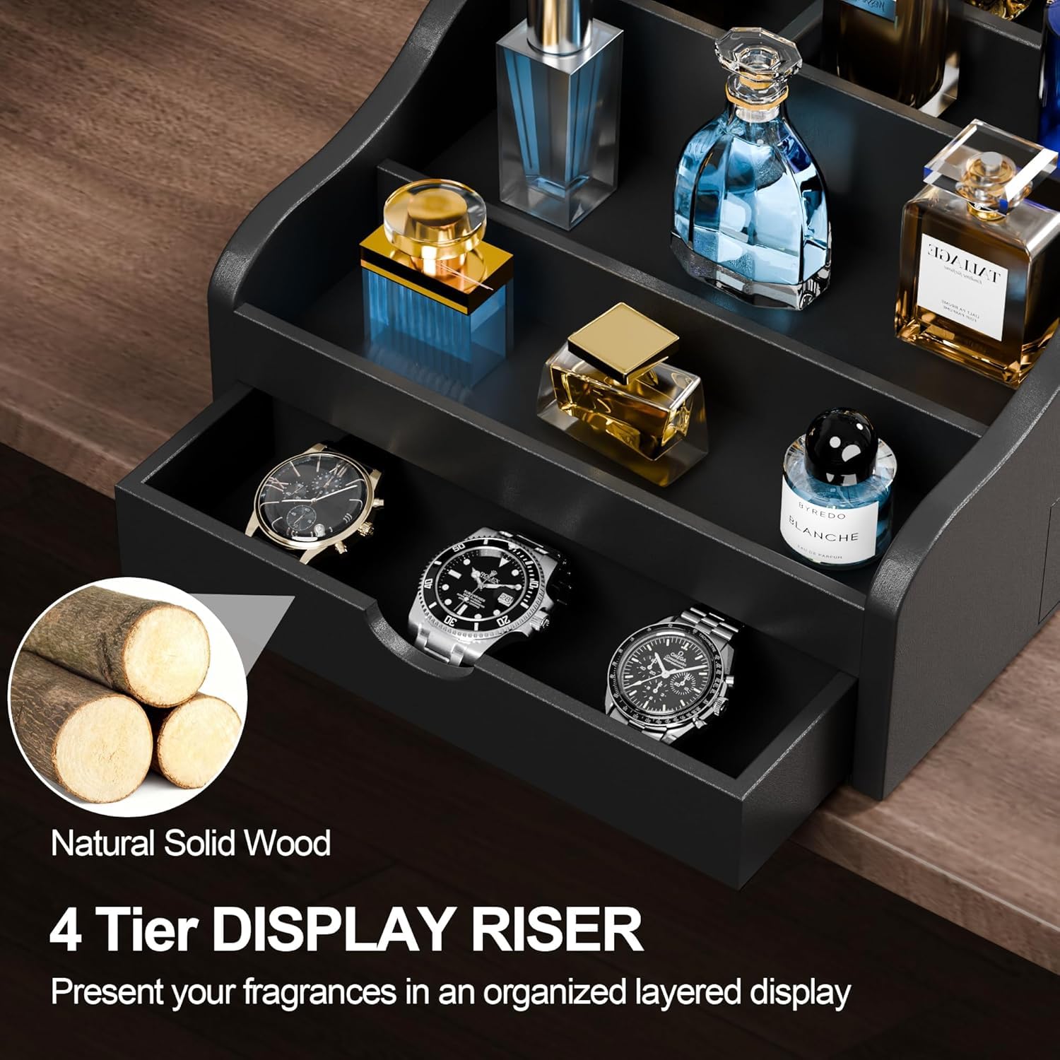 Black Wood Cologne Organizer with 2 Drawers, 4 Tier – view 4