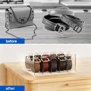 ACRYDECOR Large Acrylic Belt Organizer, Clear 10 Compartments Belt Storage for Closet with Dust Cover, Clear Belt Container Display Holder