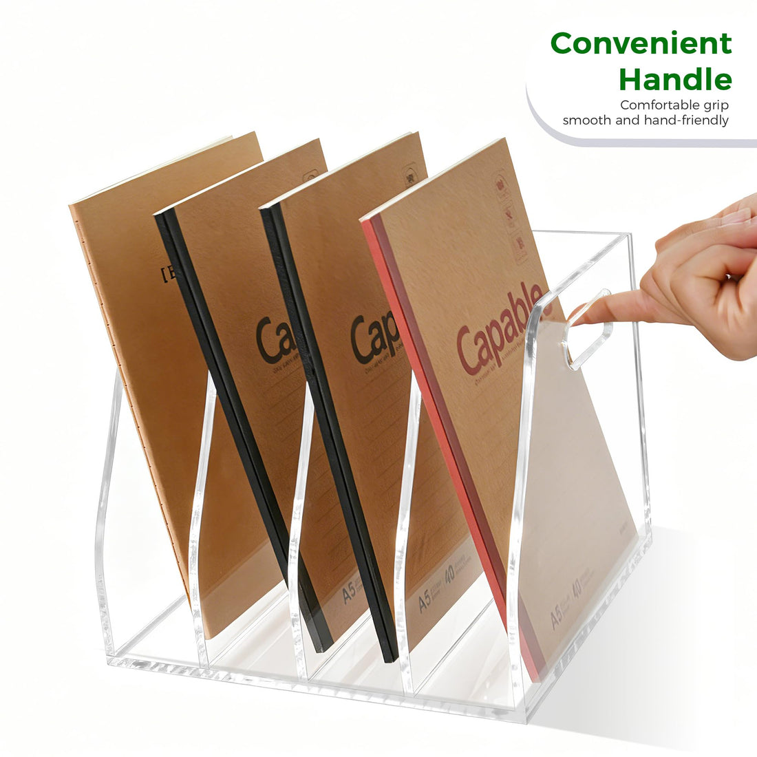 AIMOLLY Acrylic Magazine File Holder, 4 Vertical Compartments Desk Document Sorter Organizer, Clear Folder Rack Binder for Office/Home/Classroom, for Documents, Tablet, Magazines, Books & Accessories