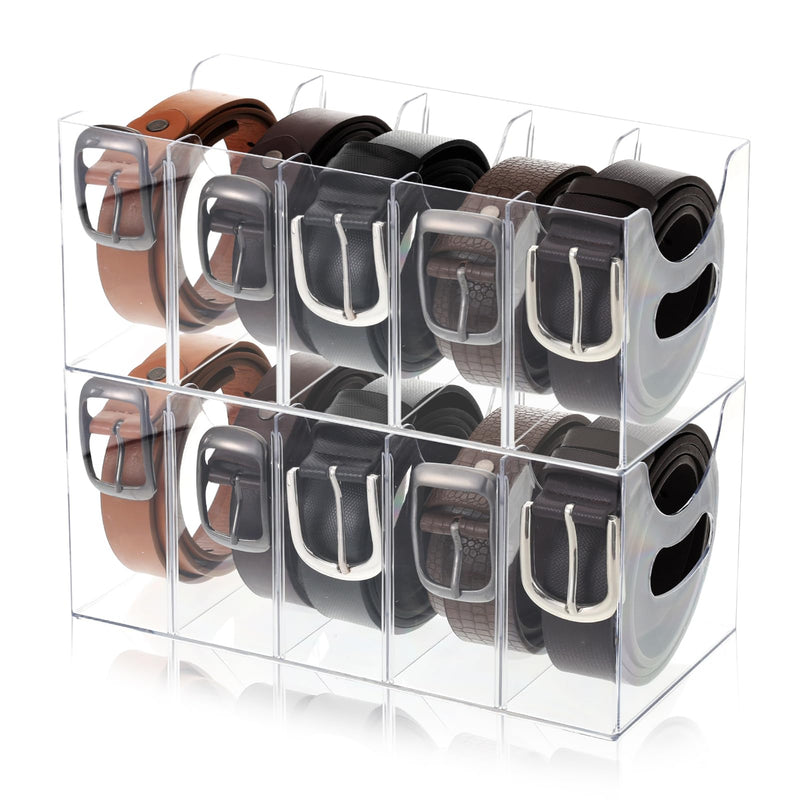 2 Pack Acrylic Belt Organizer Clear Stackable Belt Storage Holder Purse Organizer for Closet - 5 Compartments with Removable Dividers,Display Case Pantry Cabinet Organizers for Ties,Socks,Underwear