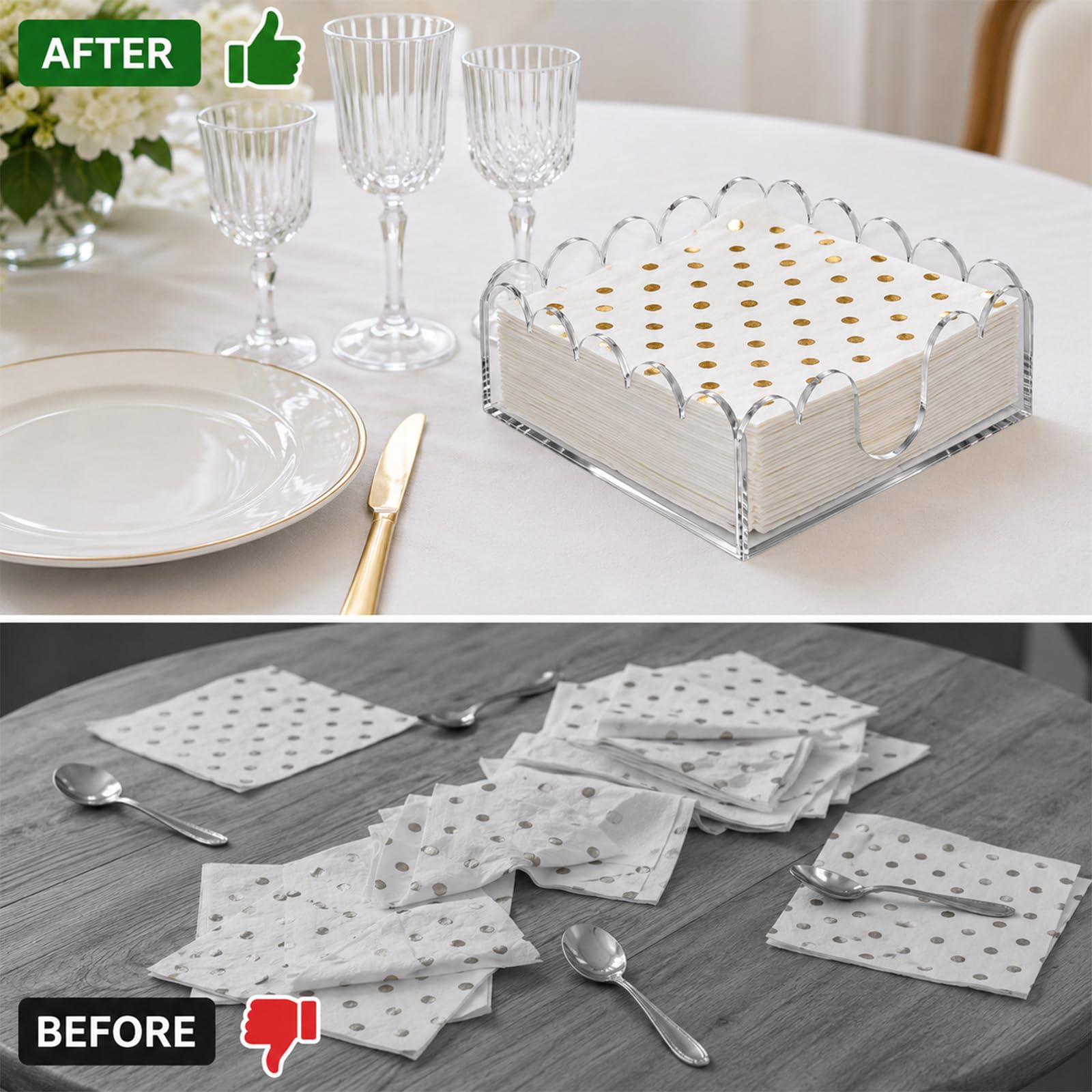 Acrylic Napkin Holder for Cocktails, Napkin Holder, Clear Scalloped Tray and Dispenser Organizes Flat Paper Towels and Disposable Napkins for Weddings, Hotels, Kitchen, Bathroom, Parties