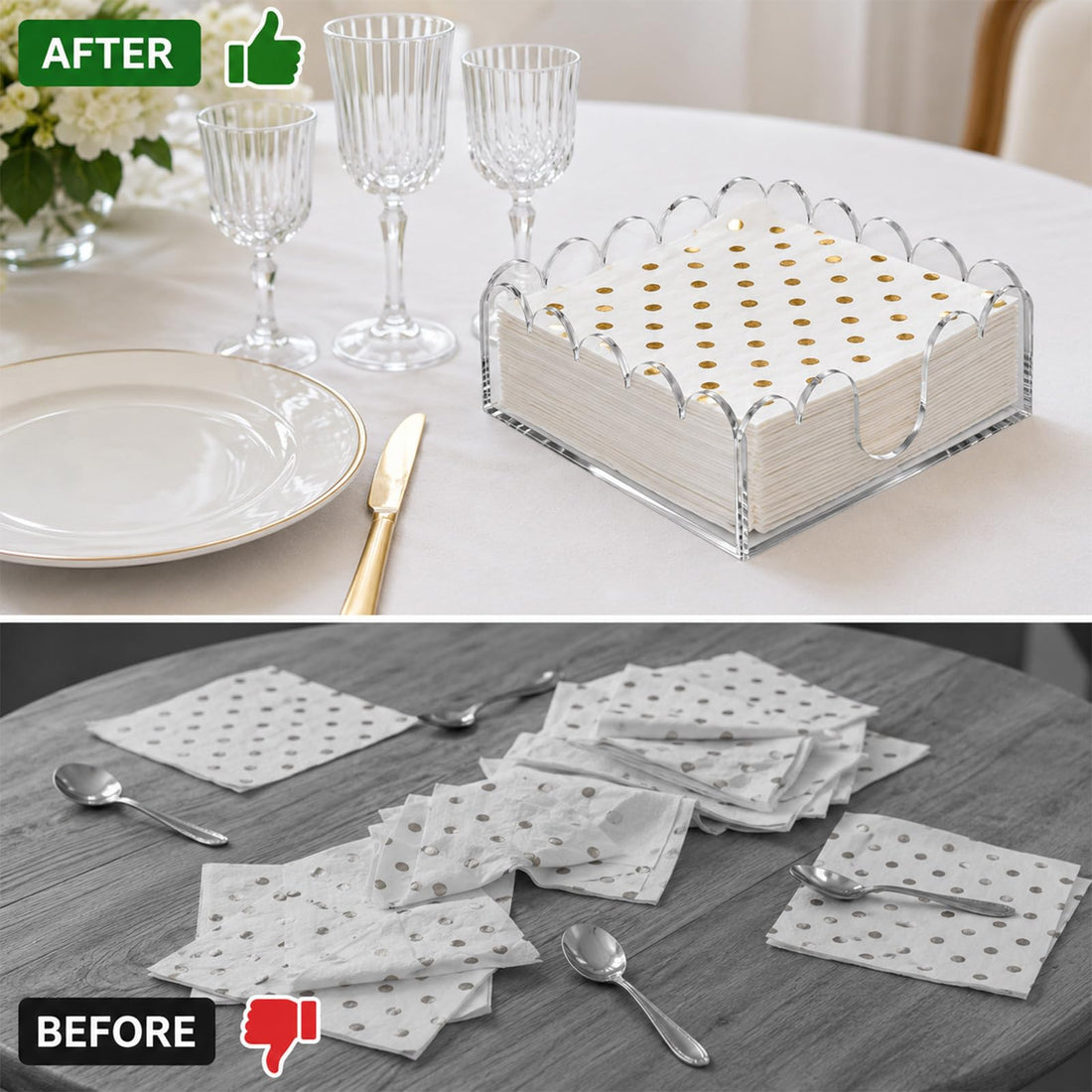 Acrylic Napkin Holder for Cocktails, Napkin Holder, Clear Scalloped Tray and Dispenser Organizes Flat Paper Towels and Disposable Napkins for Weddings, Hotels, Kitchen, Bathroom, Parties