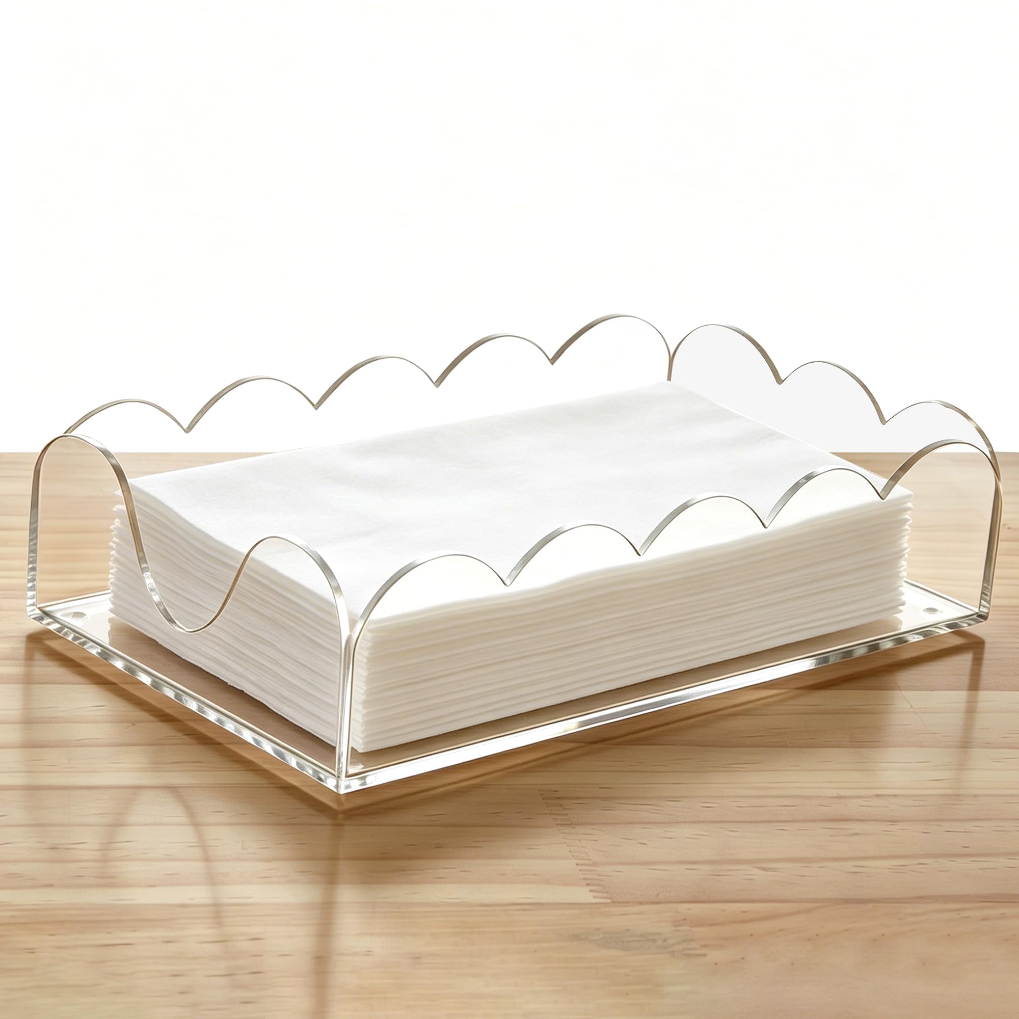 AIMOLLY Clear Acrylic Napkin Holder - Scalloped Guest Towel Holder for Bathroom & Kitchen - Stylish Paper Napkin Tray with Non-Slip Pads for Weddings, Parties & Home Decor, 9x5.1x2.4 Inch
