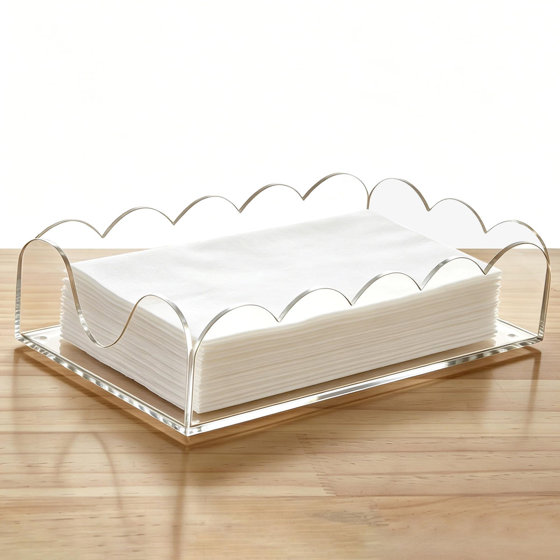 AIMOLLY Clear Acrylic Napkin Holder - Scalloped Guest Towel Holder for Bathroom & Kitchen - Stylish Paper Napkin Tray with Non-Slip Pads for Weddings, Parties & Home Decor, 9x5.1x2.4 Inch