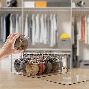 ACRYDECOR Large Acrylic Belt Organizer, Clear 10 Compartments Belt Storage for Closet with Dust Cover, Clear Belt Container Display Holder