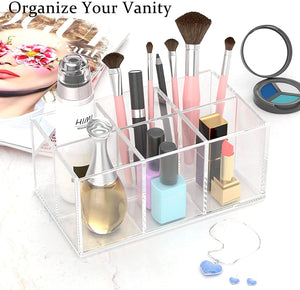 Duveesha Makeup Brush Holder Organizer 6 Slot Black Acrylic Cosmetic Storage for Brushes Sponges Lipsticks Beauty Supplies Compact Organizer for Desk or Vanity Durable and Sleek Makeup Holder (Clear)