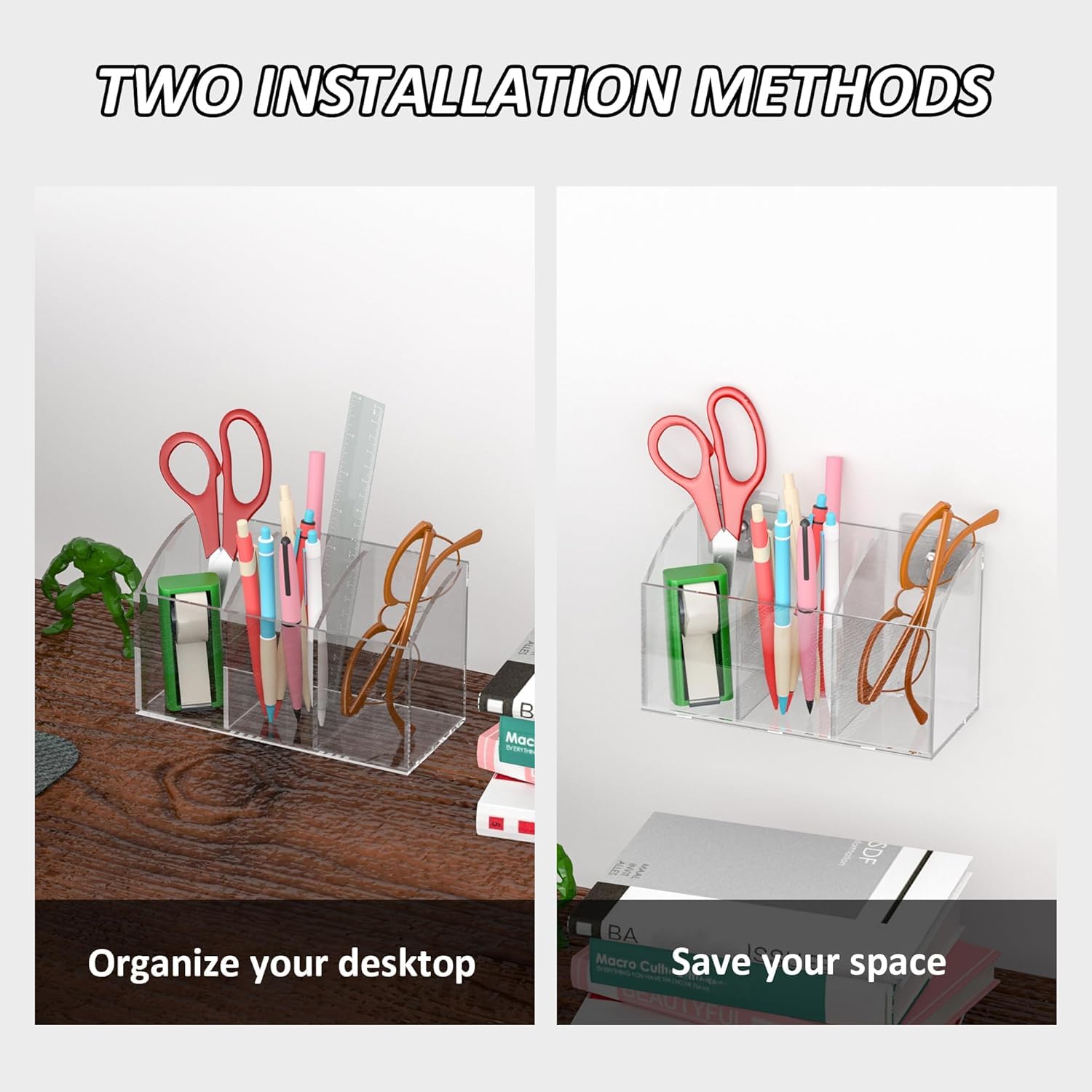 Clear Acrylic Wall-Mount Pen & Remote Holder, 3 Compartments — PENCIL-HOLDER-D3 – view 6
