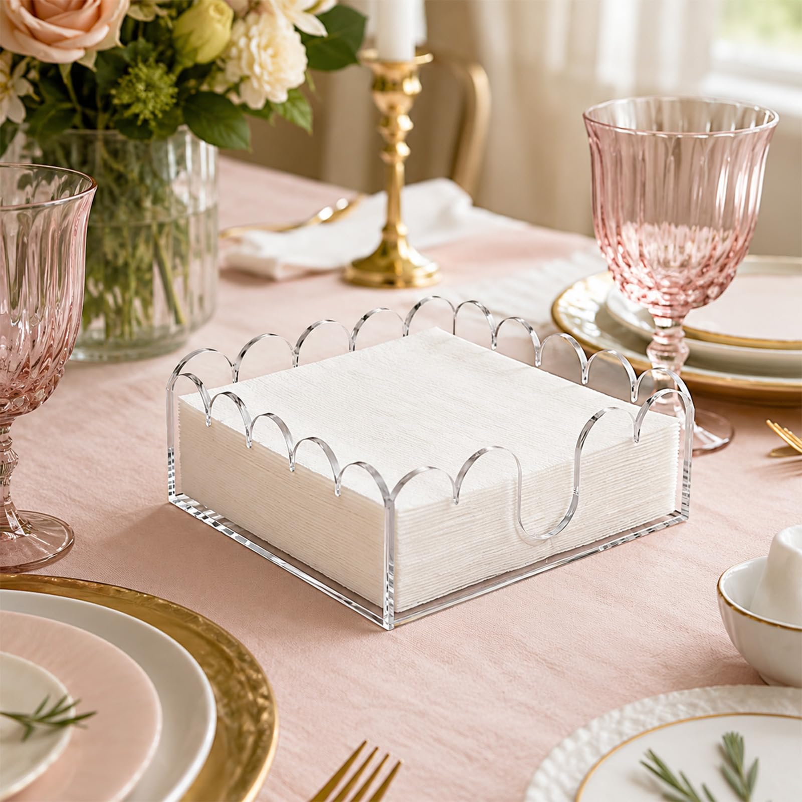Acrylic Napkin Holder for Cocktails, Napkin Holder, Clear Scalloped Tray and Dispenser Organizes Flat Paper Towels and Disposable Napkins for Weddings, Hotels, Kitchen, Bathroom, Parties