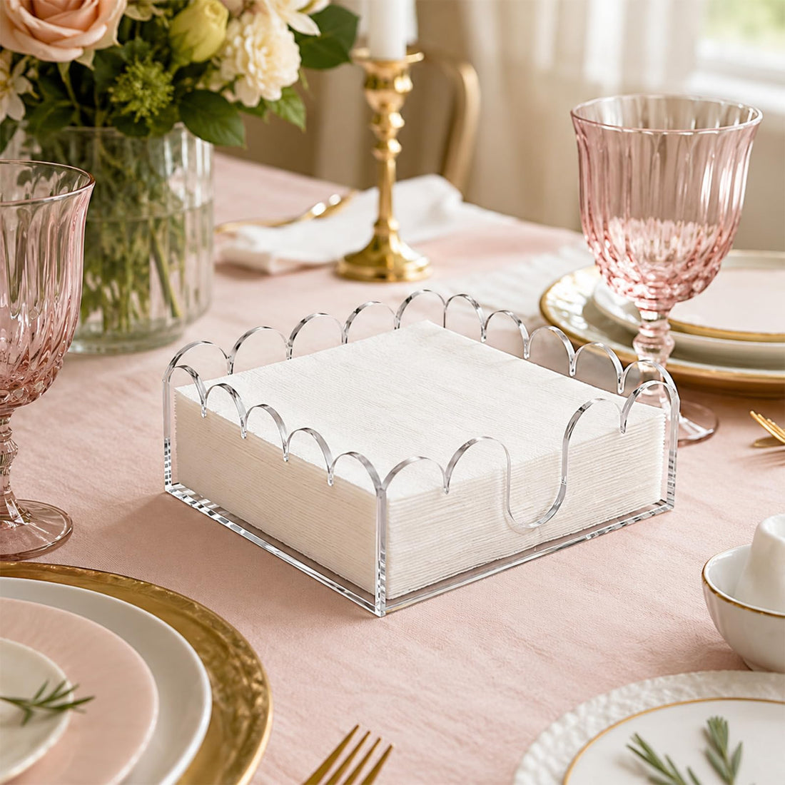 Acrylic Napkin Holder for Cocktails, Napkin Holder, Clear Scalloped Tray and Dispenser Organizes Flat Paper Towels and Disposable Napkins for Weddings, Hotels, Kitchen, Bathroom, Parties