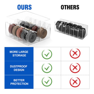 ACRYDECOR Large Acrylic Belt Organizer, Clear 10 Compartments Belt Storage for Closet with Dust Cover, Clear Belt Container Display Holder